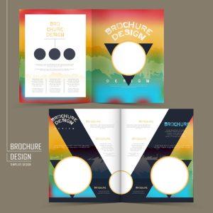 rainbow colored half-fold brochure template design with triangle and circular elements