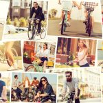 People on bicycles. Collage of diverse young people on bicycles expressing positive emotions while riding