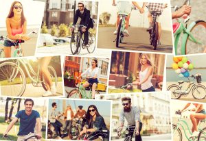 People on bicycles. Collage of diverse young people on bicycles expressing positive emotions while riding